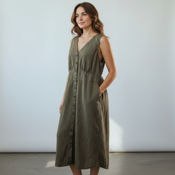 Pact Olive Green Linen Cotton Blend Button Front Midi Dress Gorpcore Granola XL - Picture 1 of 12